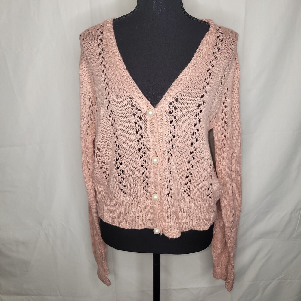 Almost Famous Pink Pearl Button Crochet Knit Cardigan Sweater Women's‎ Size L